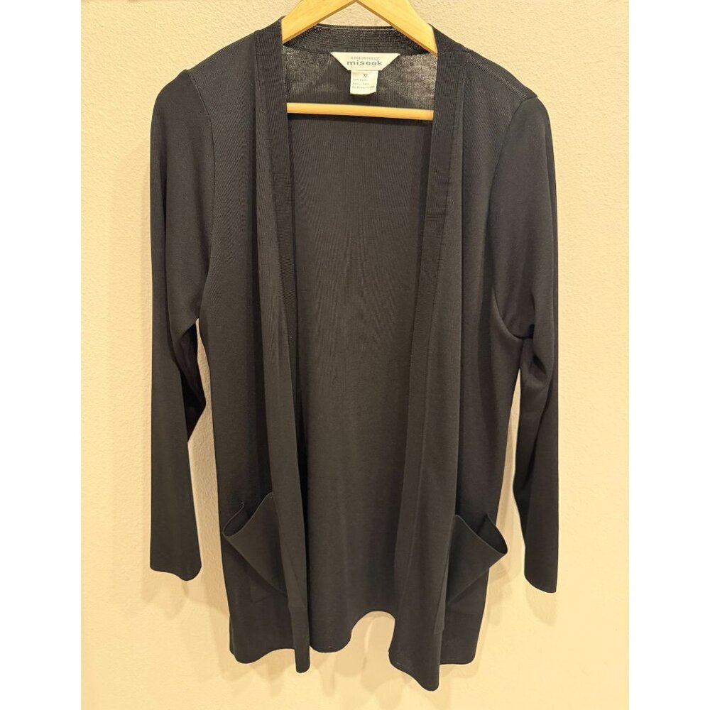Exclusively Misook Knit Black Cardigan Sweater XL Open Front Pockets Career